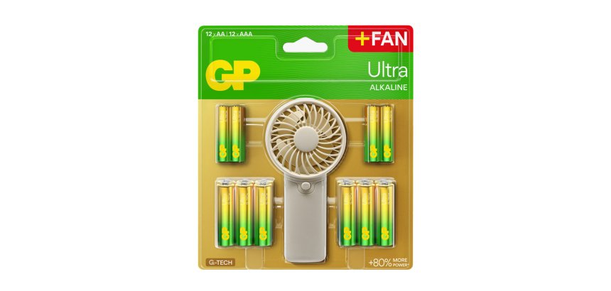 Pila gp ultra alcalina blister de 12 unidades aa + 12 unidades aaa + ventilador de mano