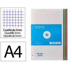 Recambio a4 antartik 80 hojas 90g/m2 cuadro 5 mm 4 taladros bandas de 5 colores pasteles