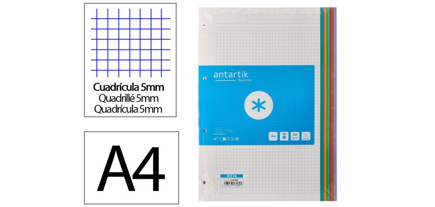 Recambio antartik a4 80 hojas 90 g cuadro 5 mm 4 taladros bandas de 5 colores pasteles