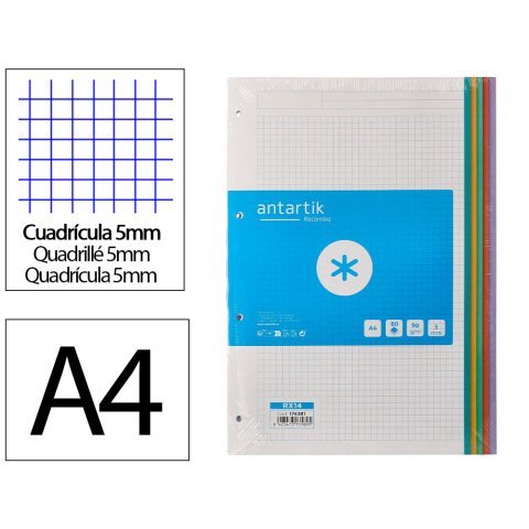 Recambio antartik a4 80 hojas 90 g cuadro 5 mm 4 taladros bandas de 5 colores pasteles