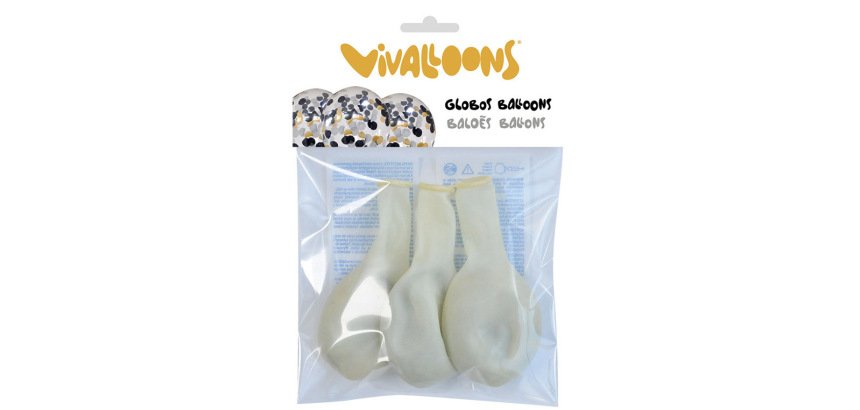 Globo 100% latex biodegradable vivalloons con cofetti metalizado oro/negro bolsa de 5 unidades