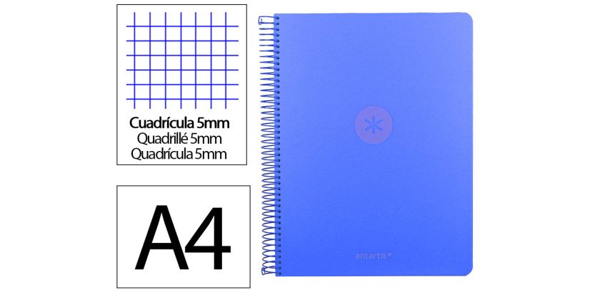 Cuaderno espiral a4 micro antartik tapa foam 120h 90g cuadro 5mm 5 bandas 4 taladros color azul