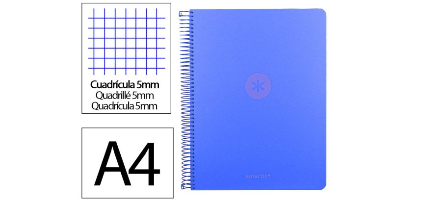 Cuaderno espiral a4 micro antartik tapa foam 120h 90gr cuadro 5mm 5 bandas 4 taladros color azul