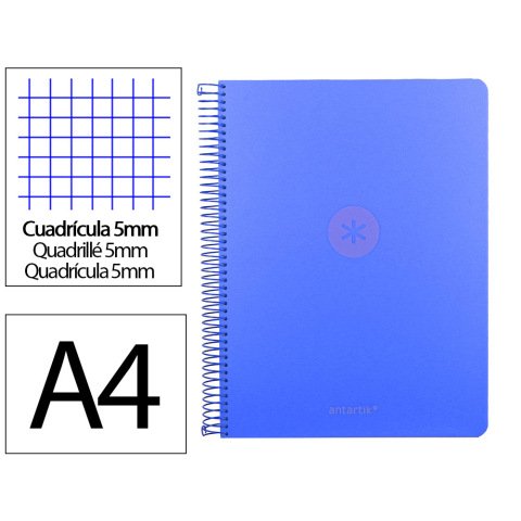 Cuaderno espiral a4 micro antartik tapa foam 120h 90gr cuadro 5mm 5 bandas 4 taladros color azul