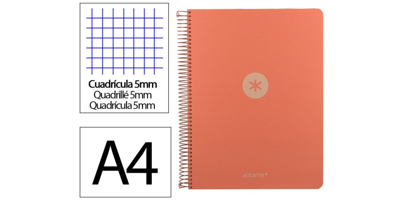 Cuaderno espiral a4 micro antartik tapa foam 120h 90g cuadro 5mm 5 bandas 4 taladros color coral
