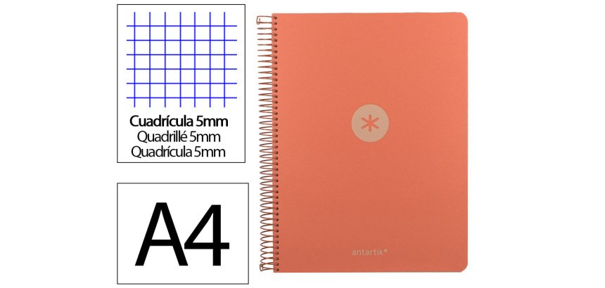 Cuaderno espiral a4 micro antartik tapa foam 120h 90gr cuadro 5mm 5 bandas 4 taladros color coral