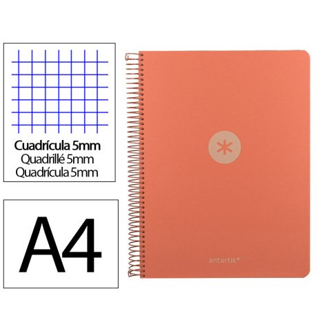 Cuaderno espiral a4 micro antartik tapa foam 120h 90gr cuadro 5mm 5 bandas 4 taladros color coral