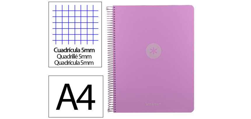 Cuaderno espiral a4 micro antartik tapa foam 120h 90gr cuadro 5mm 5 bandas 4 taladros color lavanda
