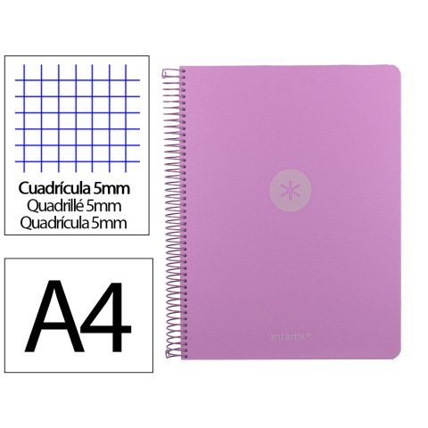 Cuaderno espiral a4 micro antartik tapa foam 120h 90gr cuadro 5mm 5 bandas 4 taladros color lavanda