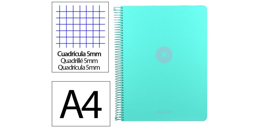 Cuaderno espiral a4 micro antartik tapa foam 120h 90gr cuadro 5mm 5 bandas 4 taladros color menta