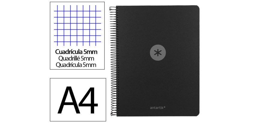 Cuaderno espiral a4 micro antartik tapa foam 120h 90gr cuadro 5mm 5 bandas 4 taladros color negro