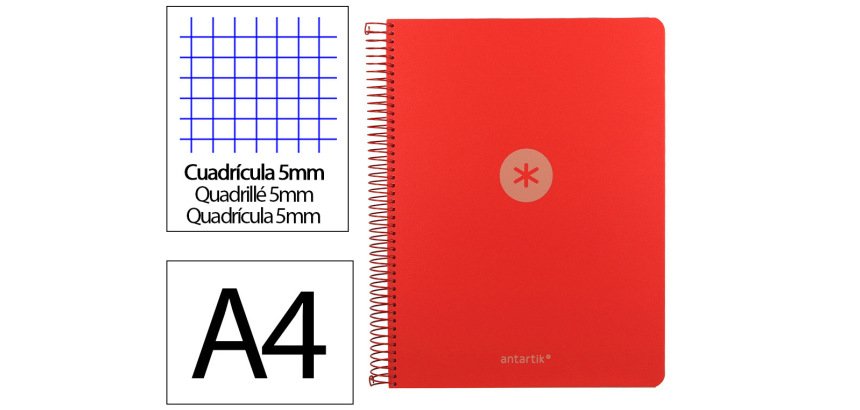 Cuaderno espiral a4 micro antartik tapa foam 120h 90gr cuadro 5mm 5 bandas 4 taladros color rojo