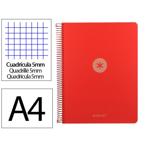 Cuaderno espiral a4 micro antartik tapa foam 120h 90gr cuadro 5mm 5 bandas 4 taladros color rojo