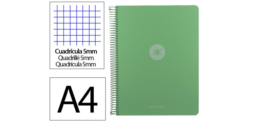 Cuaderno espiral a4 micro antartik tapa foam 120h 90gr cuadro 5mm 5 bandas 4 taladros color verde matcha