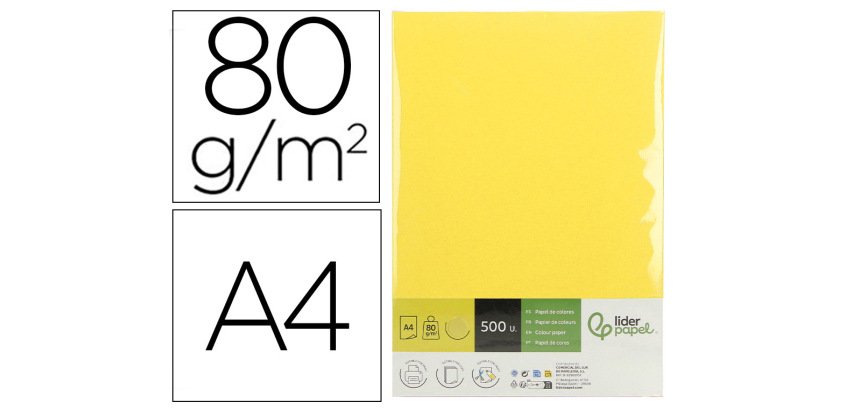 Papel color liderpapel din a4 80 gr amarillo paquete de 500 hojas