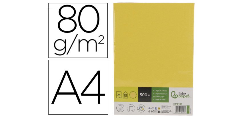 Papel color liderpapel din a4 80 g amarillo intenso paquete de 500 hojas