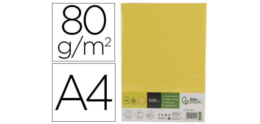 Papel color liderpapel din a4 80 gr amarillo intenso paquete de 500 hojas