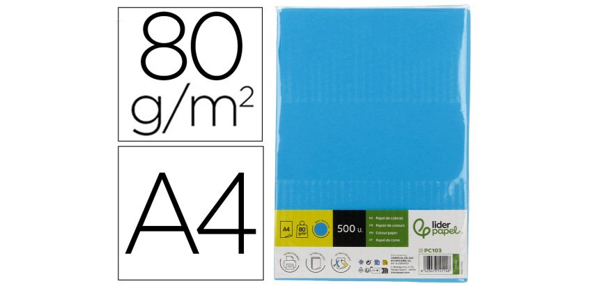 Papel color liderpapel din a4 80 g azul intenso paquete de 500 hojas