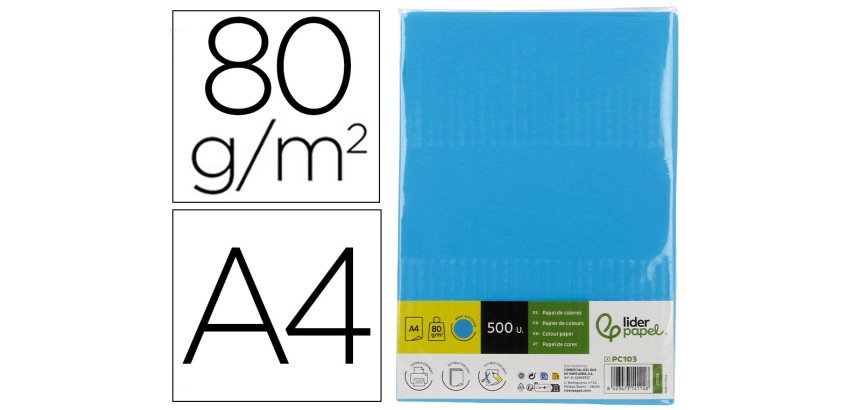 Papel color liderpapel din a4 80 gr azul intenso paquete de 500 hojas