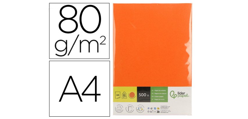 Papel color liderpapel din a4 80 g naranja intenso paquete de 500 hojas