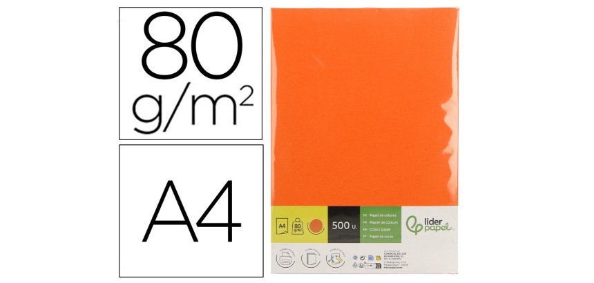Papel color liderpapel din a4 80 gr naranja intenso paquete de 500 hojas