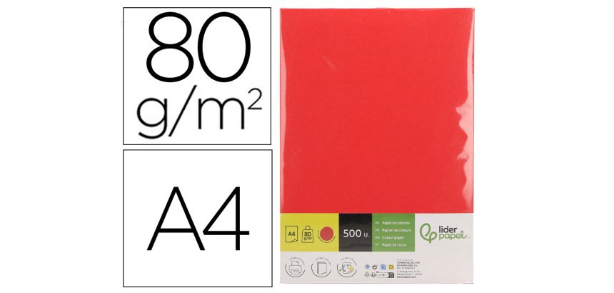 Papel color liderpapel din a4 80 gr rojo intenso paquete de 500 hojas