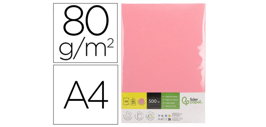 Papel color liderpapel din a4 80 gr rosa paquete de 500 hojas