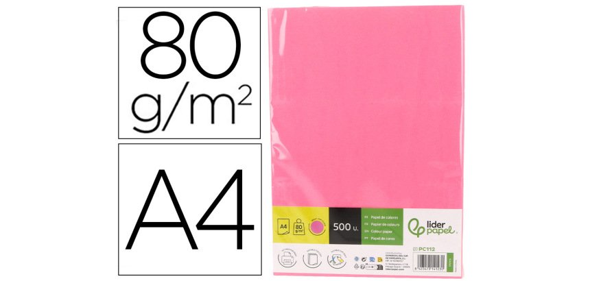 Papel color liderpapel din a4 80 gr rosa neon paquete de 500 hojas