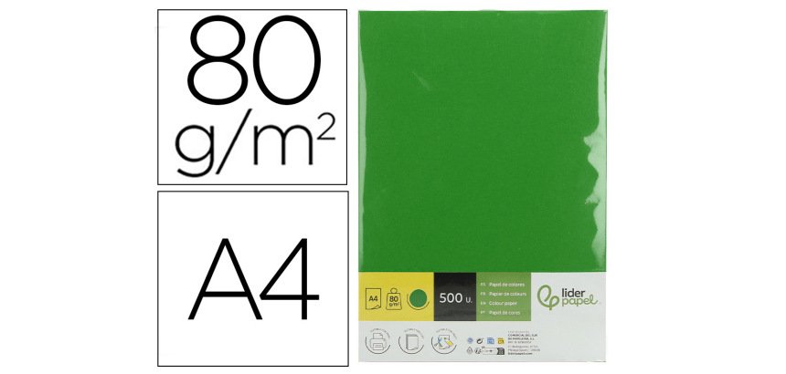 Papel color liderpapel din a4 80 gr verde intenso paquete de 500 hojas