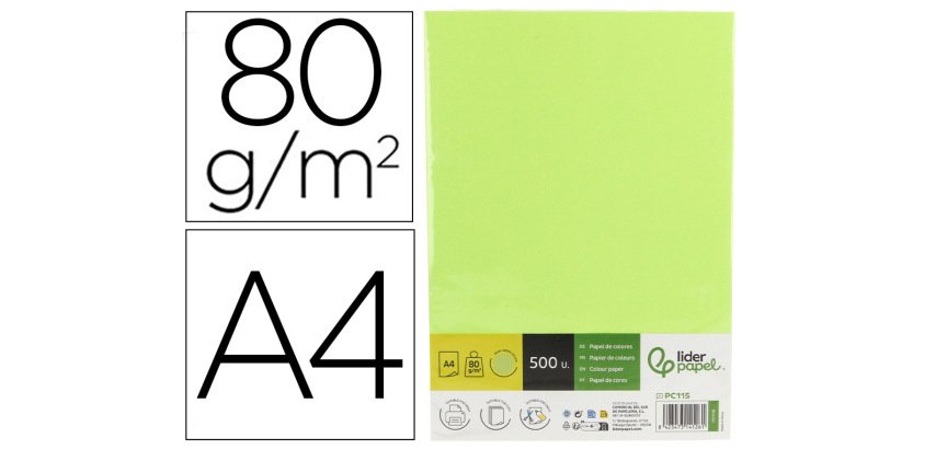 Papel color liderpapel din a4 80 g verde neon paquete de 500 hojas