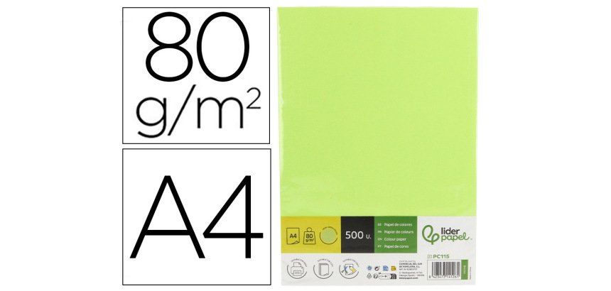 Papel color liderpapel din a4 80 gr verde neon paquete de 500 hojas