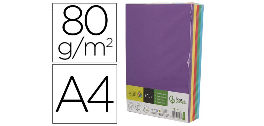 Papel color liderpapel din a4 80 g 5 colores surtidos intensos paquete de 500 hojas