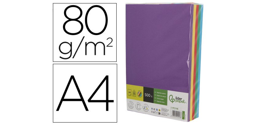 Papel color liderpapel din a4 80 gr 5 colores surtidos intensos paquete de 500 hojas