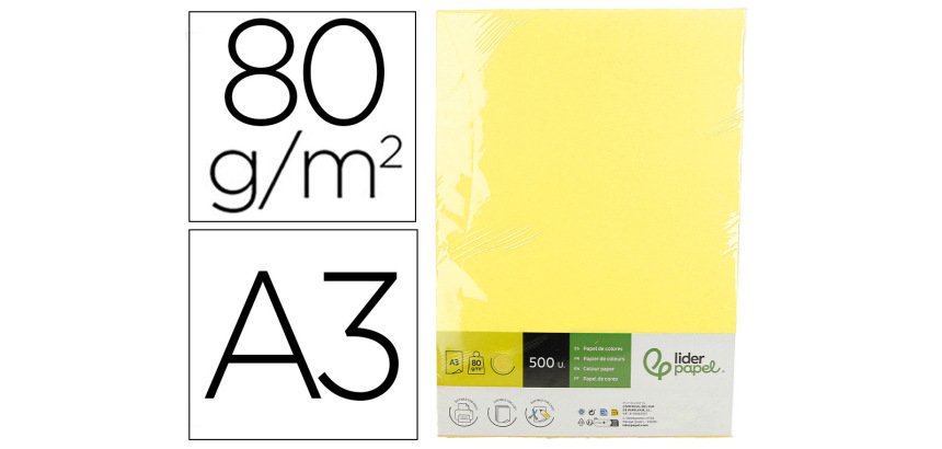 Papel color liderpapel din a3 80 gr amarillo paquete de 500 hojas