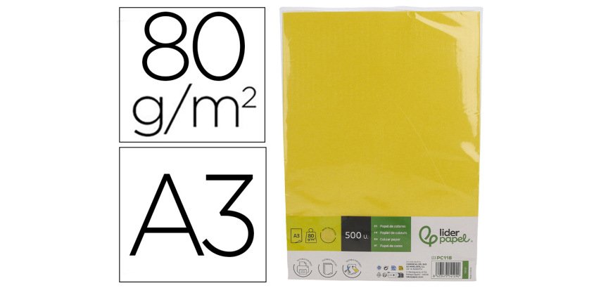 Papel color liderpapel din a3 80 g amarillo intenso paquete de 500 hojas