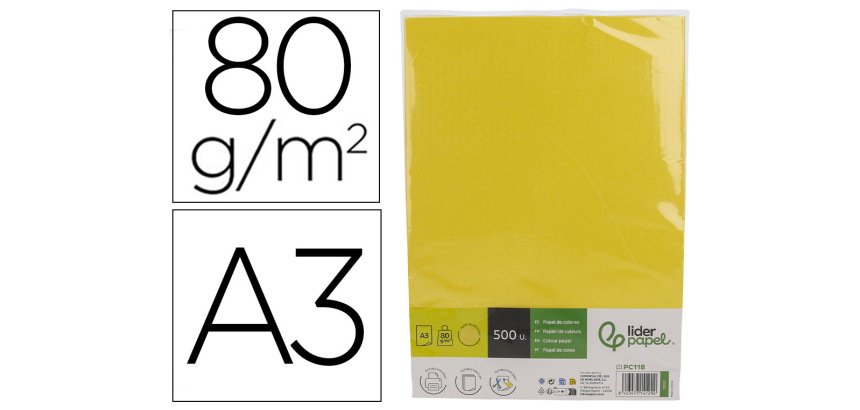 Papel color liderpapel din a3 80 gr amarillo intenso paquete de 500 hojas