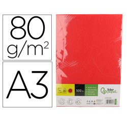 Papel color liderpapel din a3 80 gr rojo intenso paquete de 500 hojas