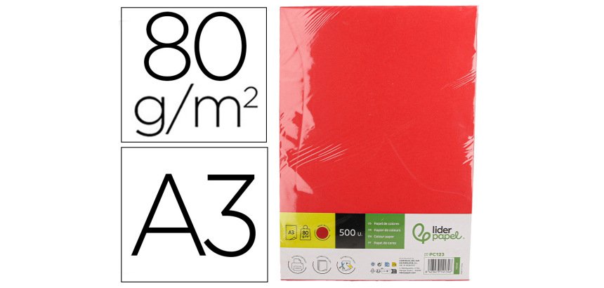 Papel color liderpapel din a3 80 gr rojo intenso paquete de 500 hojas