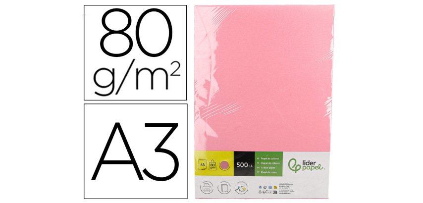 Papel color liderpapel din a3 80 g rosa paquete de 500 hojas
