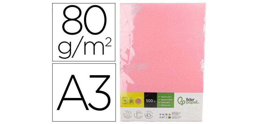 Papel color liderpapel din a3 80 gr rosa paquete de 500 hojas