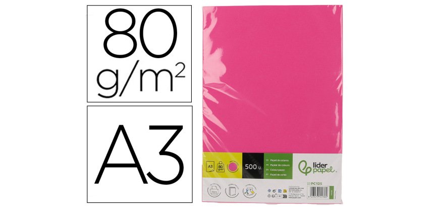 Papel color liderpapel din a3 80 gr rosa intenso paquete de 500 hojas