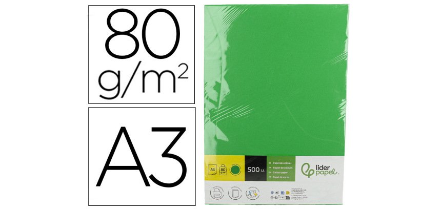 Papel color liderpapel din a3 80 gr verde intenso paquete de 500 hojas