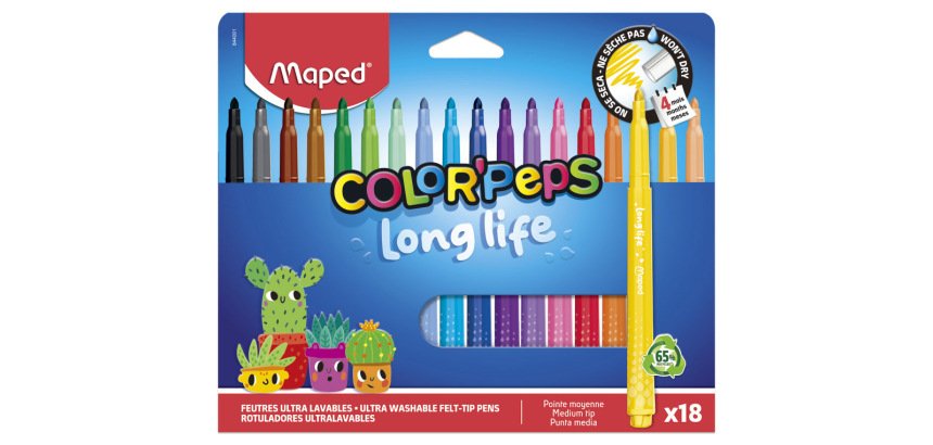 Rotulador maped color peps long life lavable punta media caja de 18 unidades colores surtidos