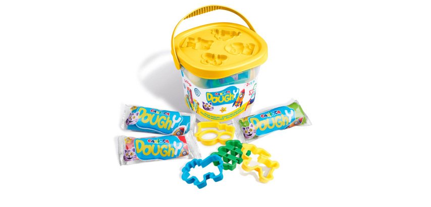 Pasta para modelar carioca doughy bucket 50 gr set de 3 unidades colores surtidos + 4 moldes