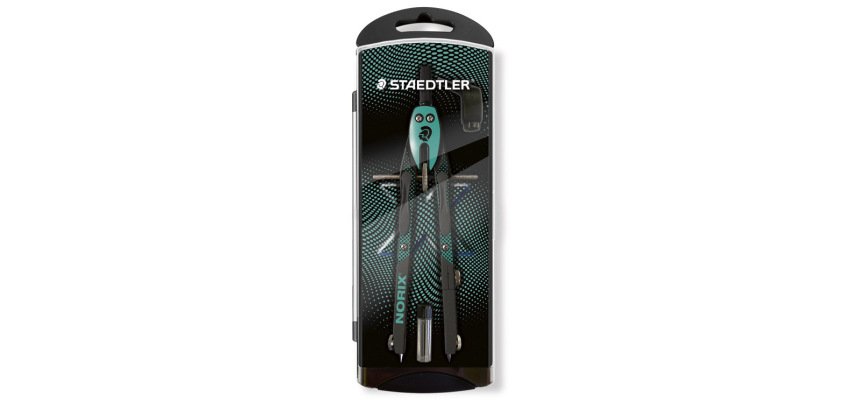 Compas staedtler noris 555 con husillo y rueda central sin alargadera tubo de minas y aguja color verde turquesa