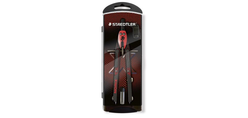 Compas staedtler noris 555 con husillo y rueda central sin alargadera tubo de minas y aguja color rojo