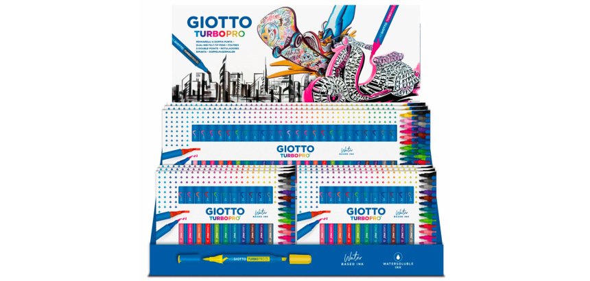 Rotulador giotto turbo pro doble punta expositor sobremesa 6 cajas de 15 colores surtidos + 4 cajas de
