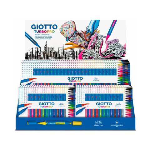 Rotulador giotto turbo pro doble punta expositor sobremesa 6 cajas de 15 colores surtidos + 4 cajas de