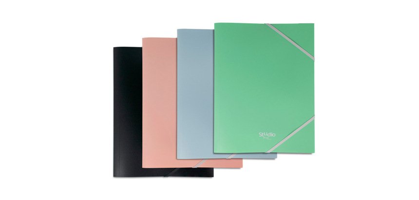 Carpeta pardo studio style gomas solapas polipropileno expositor de 48 unidades colores pastel surtidos