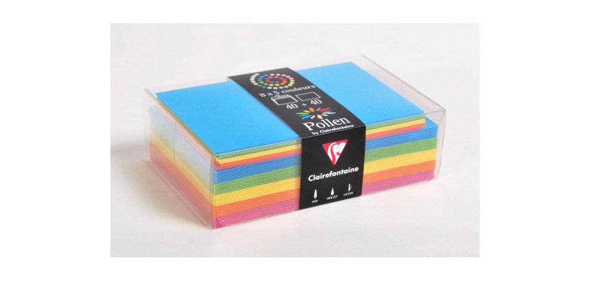 Sobre clairefontaine pollen 90x140 mm + tarjeta visita 82x128 mm pack de 40 unidades 5 colores surtidos